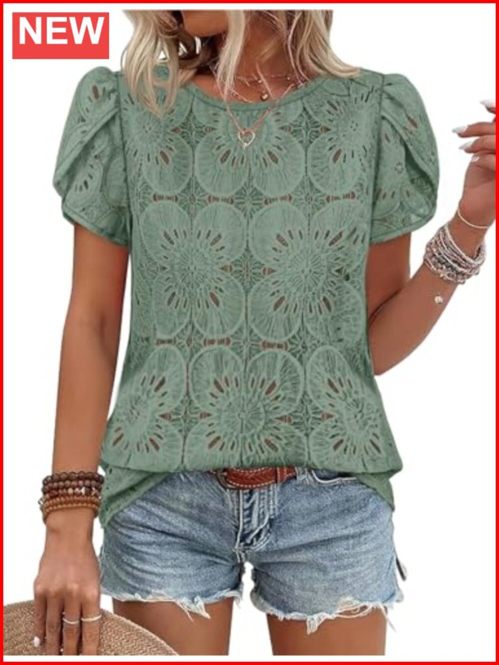 Women's Crochet Lace Petal Sleeve Boho Blouse Top